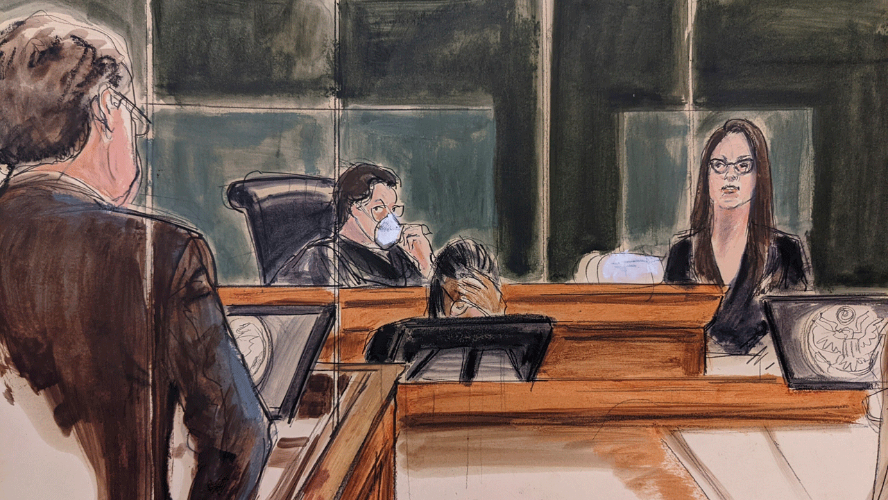 Defense attorney Christian Everdell, (left at podium,) questions the first defense witness Cimberly Espinosa, Ghislaine Maxwell's former assistant as Judge Alison Nathan, center, listens from the bench, Thursday, Dec. 16, 2021, in New York. 