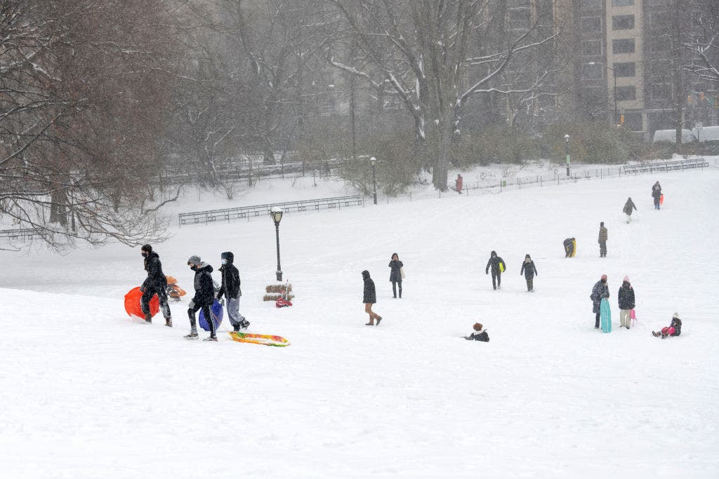 Sisters of Life go sledding in Central Park as winter storm Kenan blankets NYC