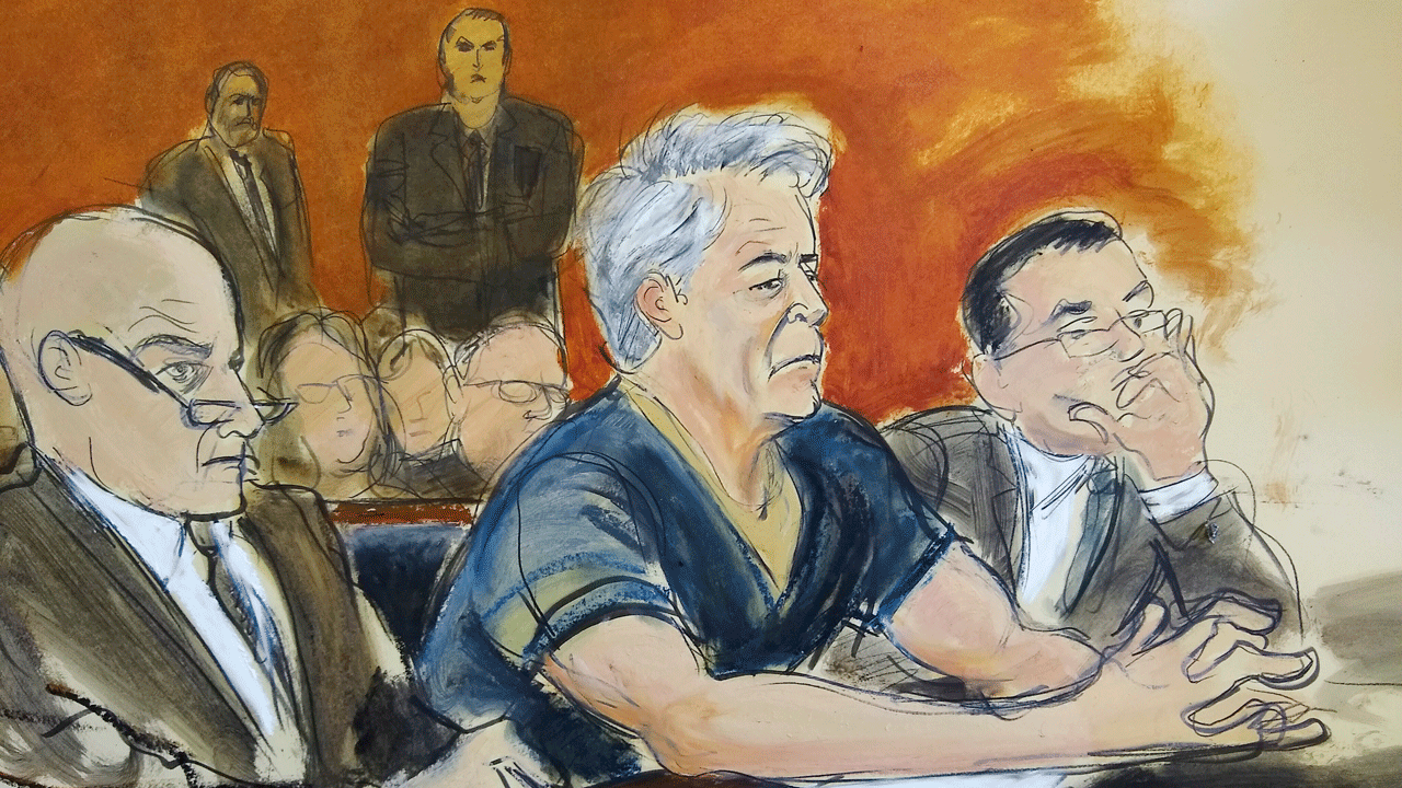 In this courtroom artist's sketch, defendant Jeffrey Epstein, center, sits with attorneys Martin Weinberg, left, and Marc Fernich during his arraignment in New York federal court, Monday, July 8, 2019. (Elizabeth Williams via AP, File)