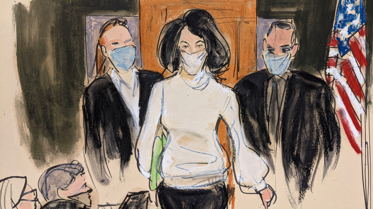 Sketch of Ghislaine Maxwell entering the courtroom escorted by U.S. Marshalls at the start of her trial, Monday, Nov. 29, 2021, in New York. (AP Photo/Elizabeth Williams)