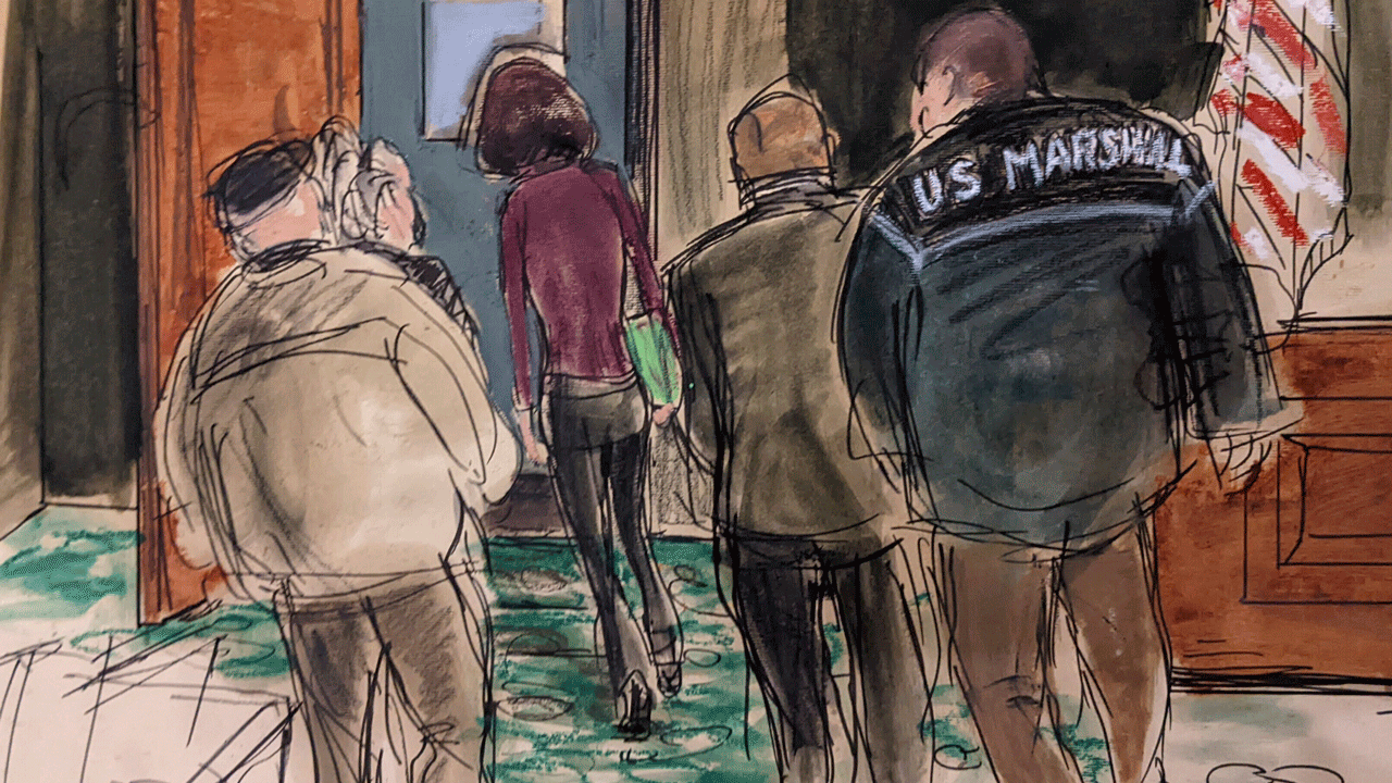 In this courtroom sketch, Ghislaine Maxwell, center, is led out of the courtroom into the lock up by four U.S. Marshals after a jury returned a guilty verdict in her sex trafficking trial, Wednesday Dec. 29, 2021, in New York. 
