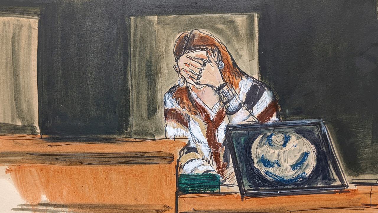 In this courtroom sketch, a witness testifying under the pseudonym 