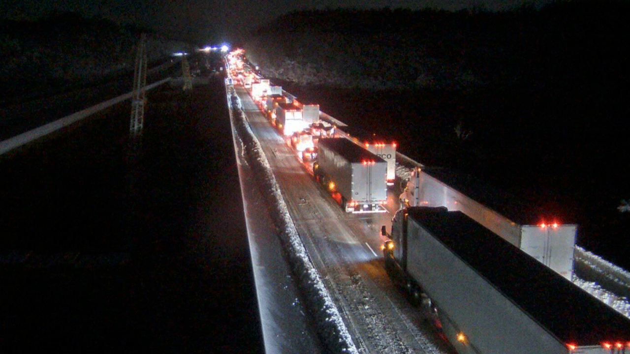 A closed section of Interstate 95 near Fredericksburg, Virginia, Tuesday Jan. 4, 2022. Both northbound and southbound sections of the highway were closed due to snow and ice.