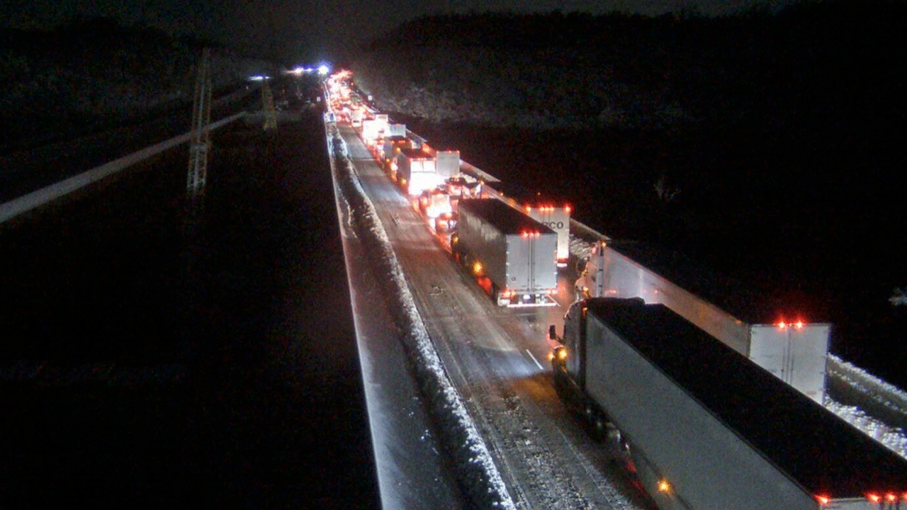 This image provided by the Virginia department of Transportation shows a closed section of Interstate 95 near Fredericksburg, Va. Tuesday Jan. 4, 2022. Both northbound and southbound sections of the highway were closed due to snow and ice. (Virginia Department of Transportation via AP)