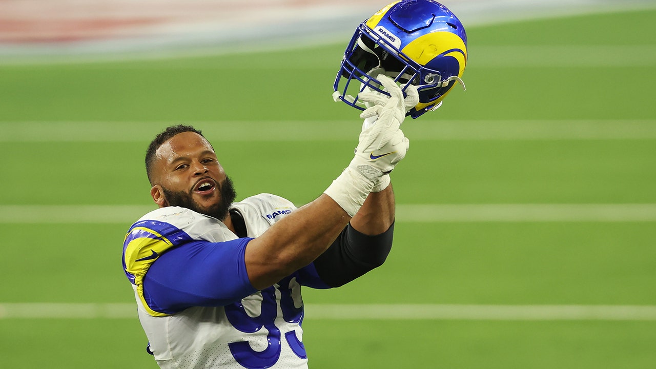 Los Angeles Rams defensive lineman Aaron Donald (99) celebrates