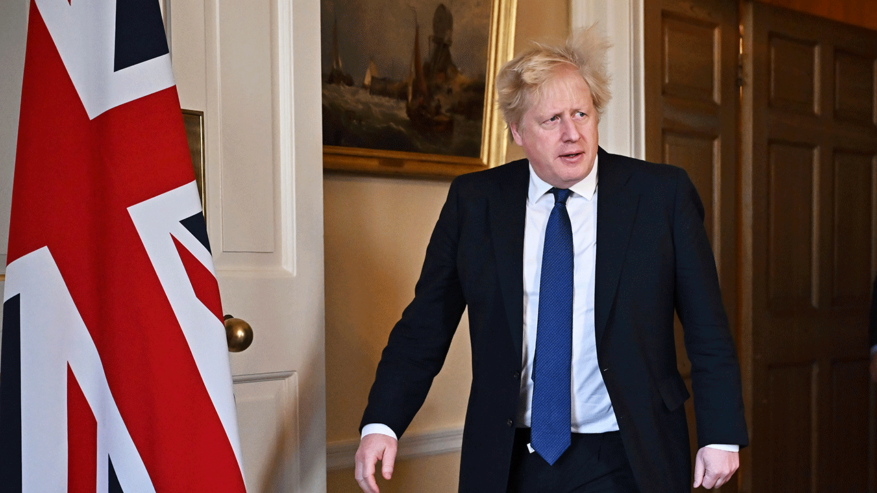 Britain's Prime Minister Boris Johnson arrives to deliver an address on the attack by Russia on Ukraine, in Downing Street, London, Thursday, Feb. 24, 2022. (Jeff Mitchell /Pool Photo via AP)