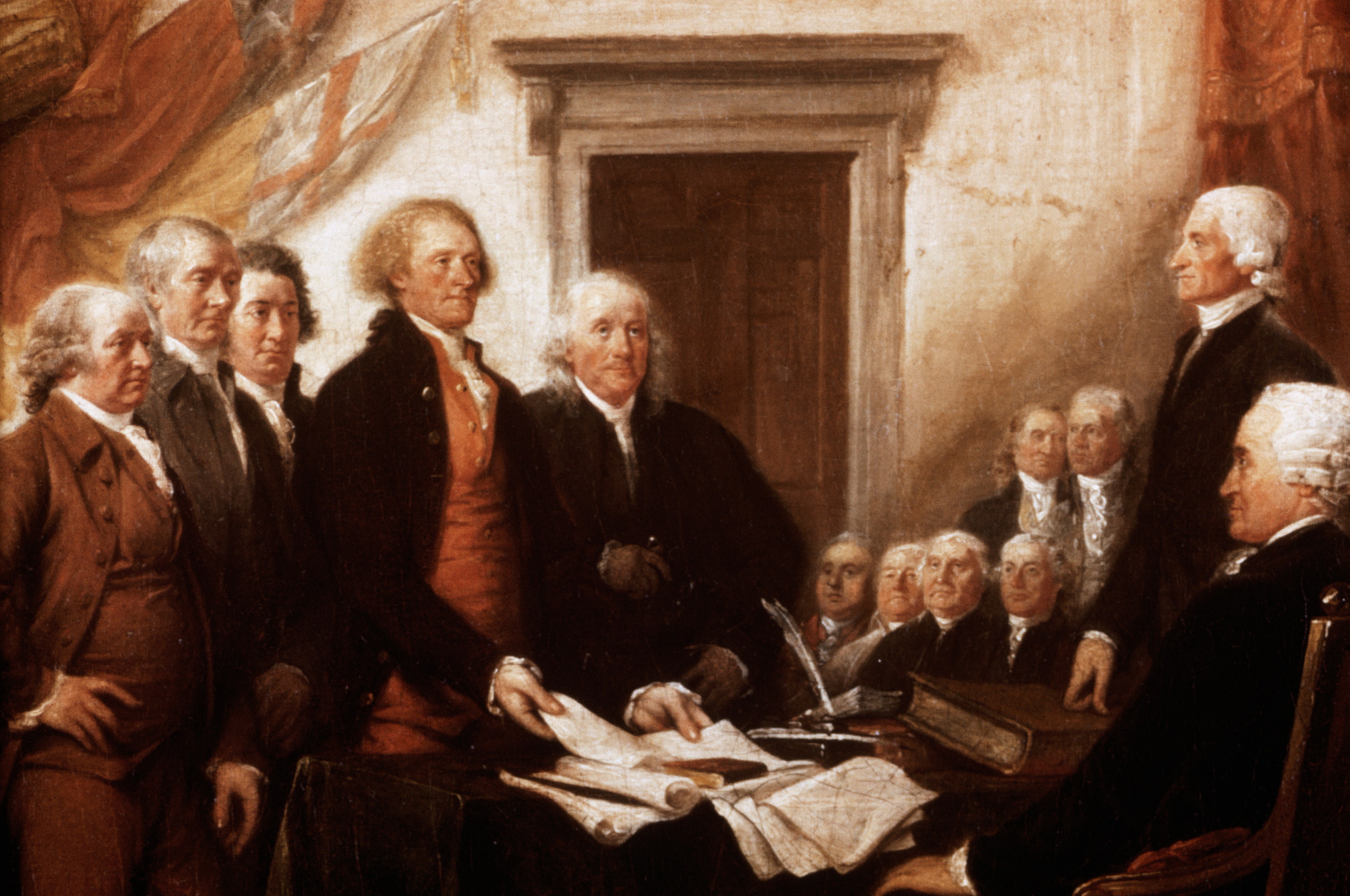Declared here. Тома Джефферсон Джон вдамсон. Джон Трамбулл декларация независимости.