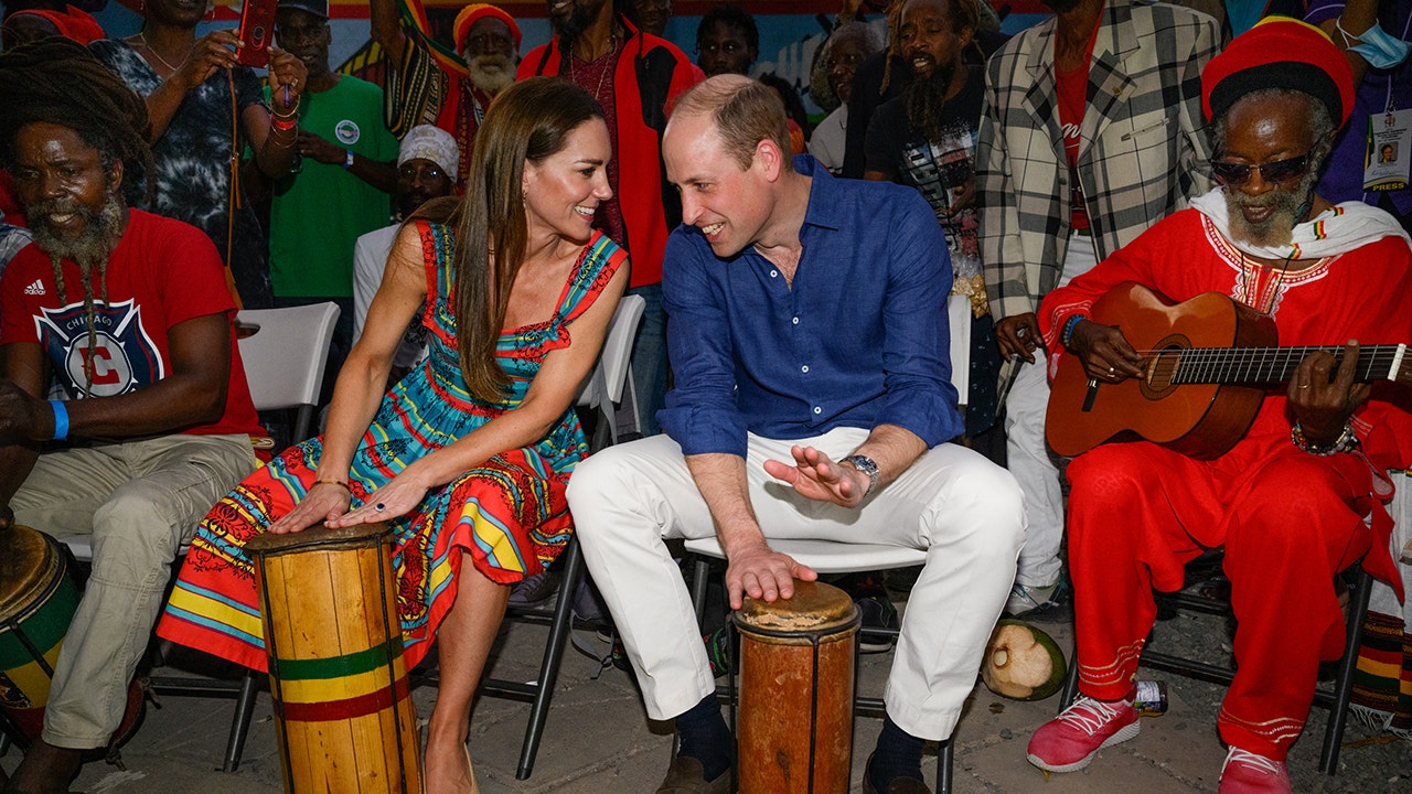 Prince William and Kate Middleton play the drums during visit to Bob Marley’s home amid protests in Jamaica