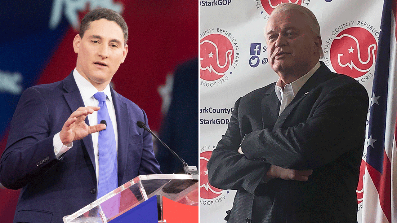 Josh Mandel, left, speaks during CPAC in Orlando, Florida, on Feb. 25, 2022, and Mike Gibbons at a campaign event in Canton, Ohio, on March 10, 2022.