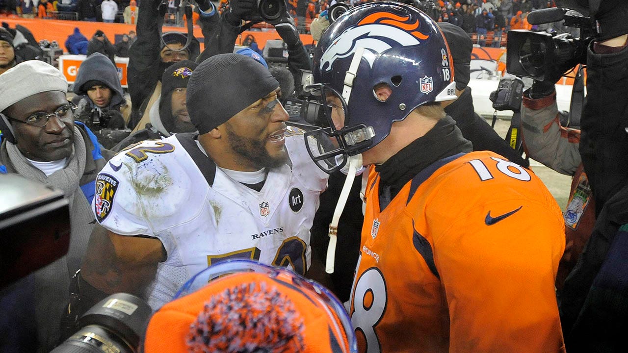 Baltimore Ravens Ray Lewis talks with Denver Broncos quarterback Peyton  Manning after overtime of the AFC Divisional Playoffs at Sports Authority  Field at Mile High on January 12, 2013 in Denver. Baltimore