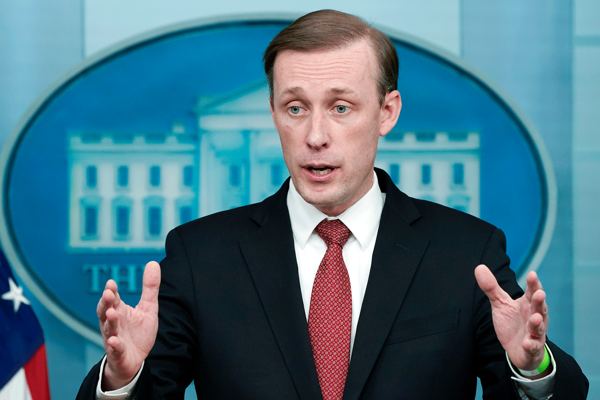 White House national security adviser Jake Sullivan speaks during a press briefing at the White House, Feb. 11, 2022, in Washington.?