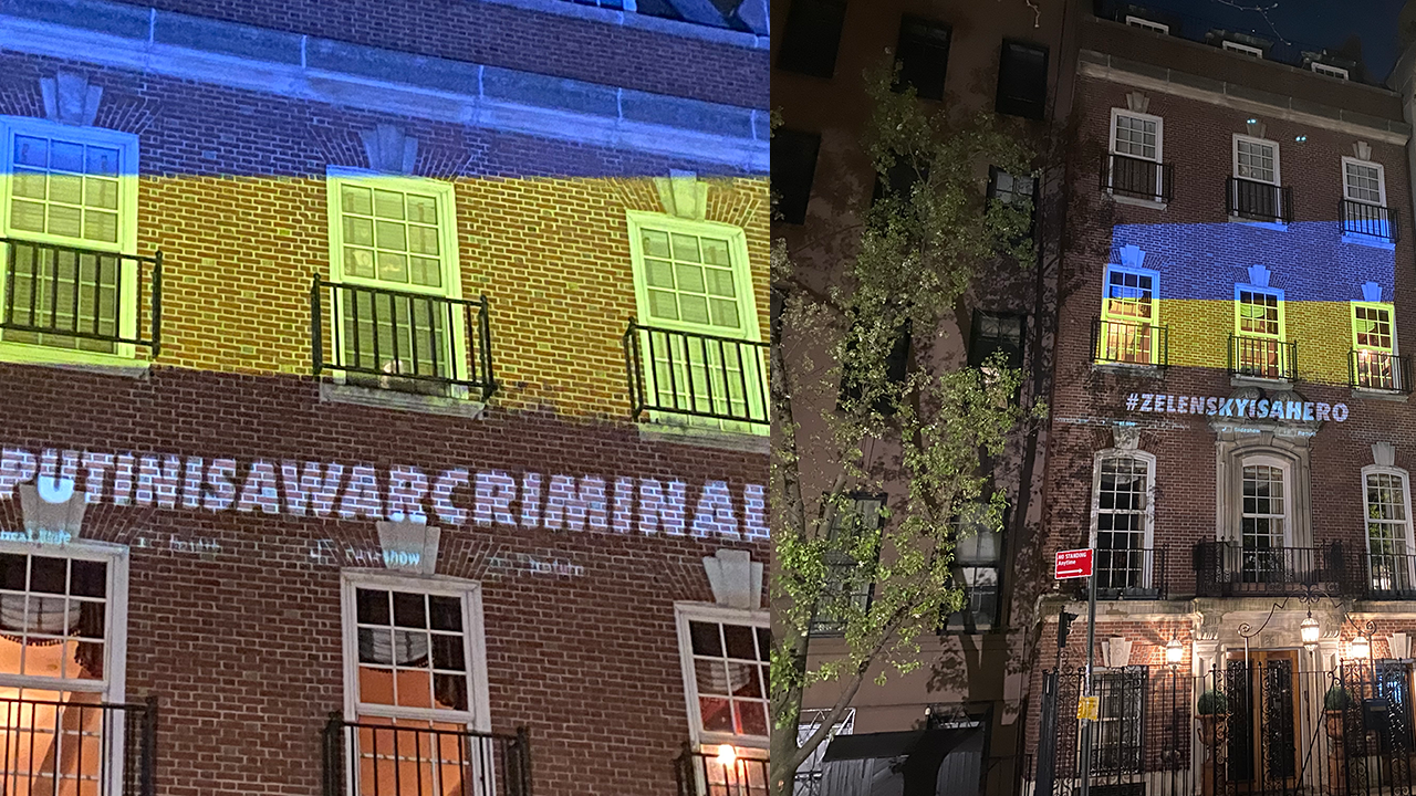 Ukraine’s flag projected onto Russian UN ambassador’s NYC townhouse in protest