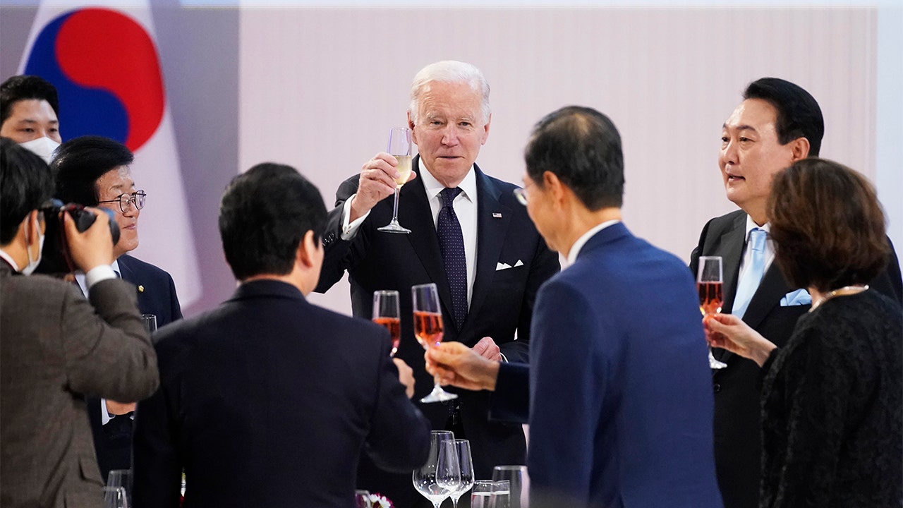 Biden signs $40B Ukraine aid bill that was flown to South Korea https://static.foxnews.com/foxnews.com/content/uploads/2022/05/Joe-Biden-South-Korea-Toasts.jpg