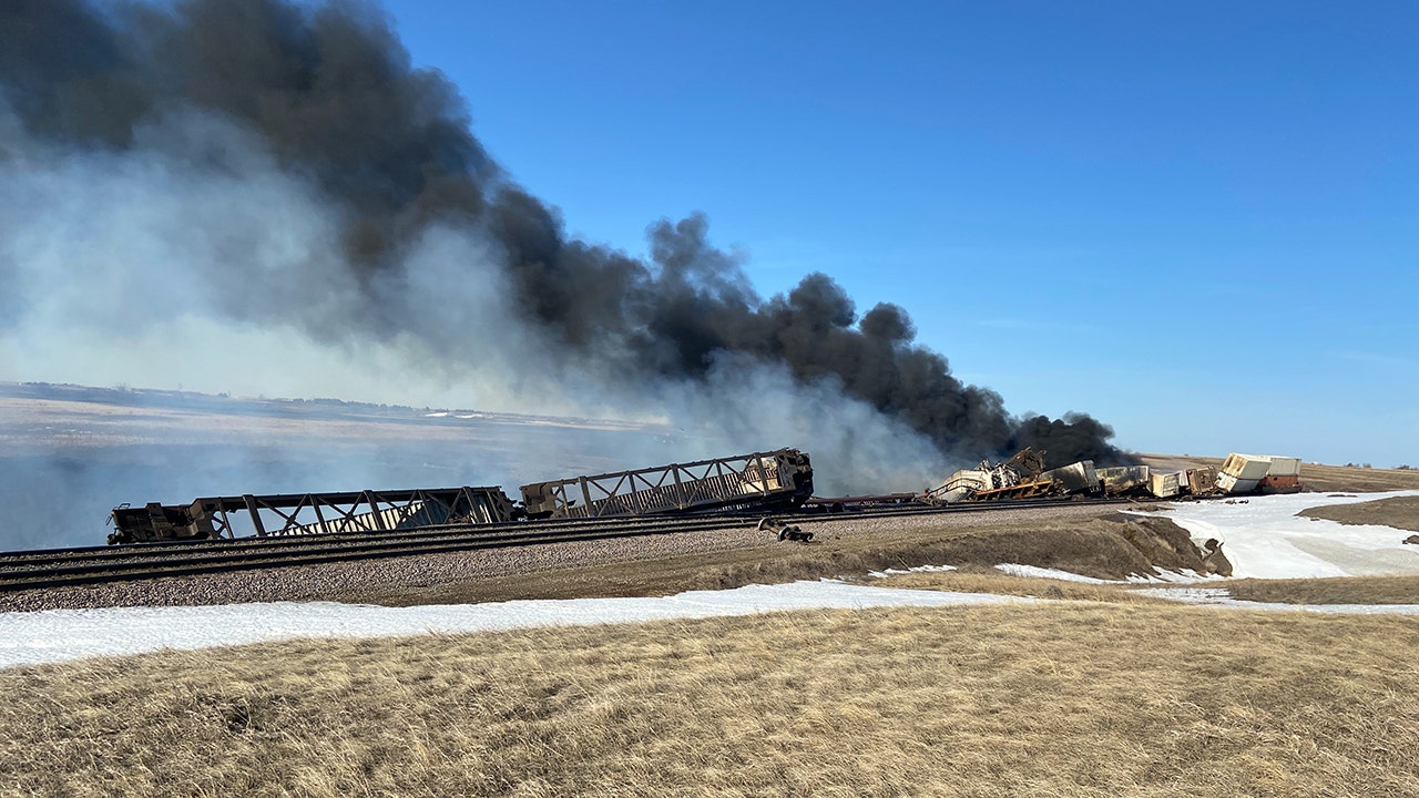 Train erupts into flames after several box cars derail Fox News