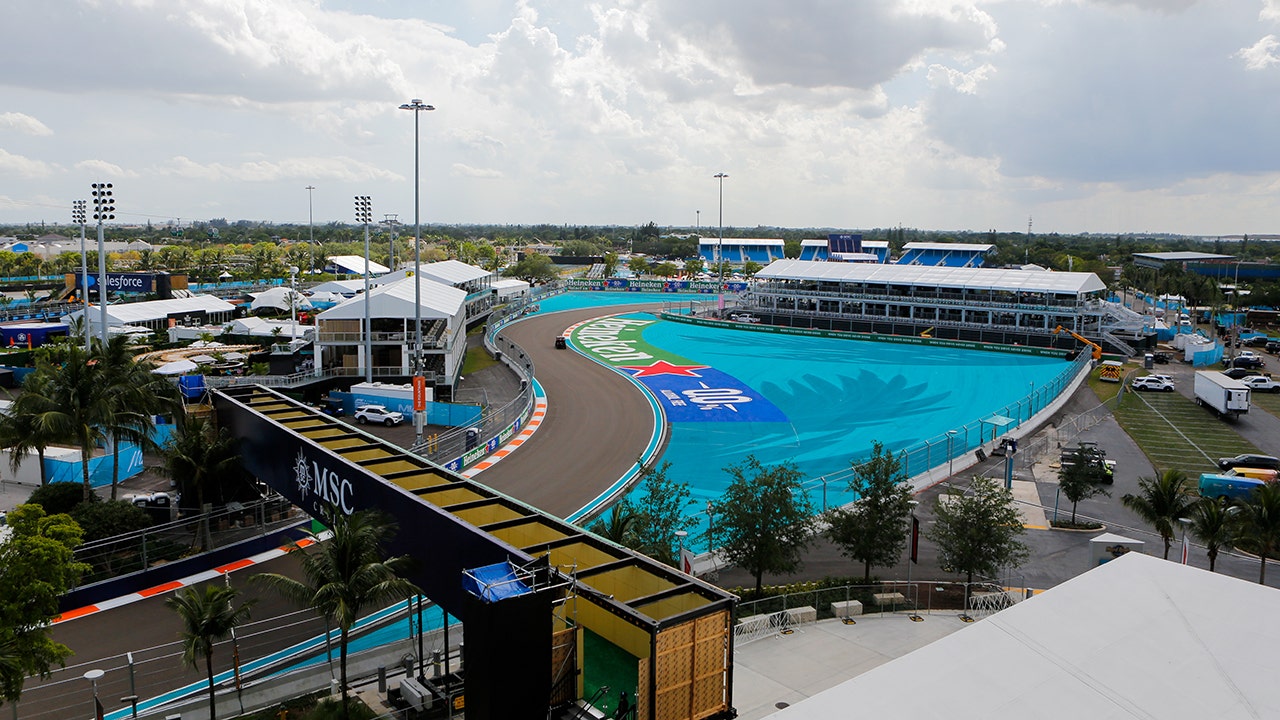 An aerial view of F1 race course for the Miami Grand Prix at Hard