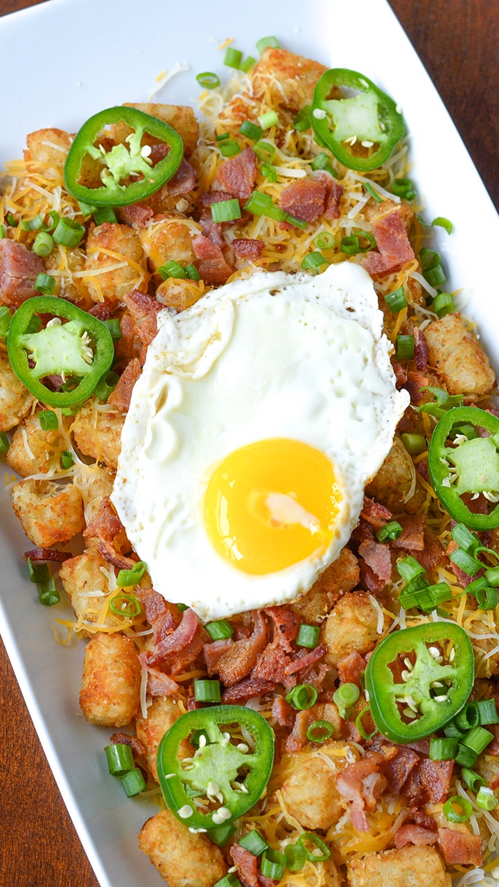 Breakfast for dinner recipe: Tater tot nachos with egg, bacon and jalapeno