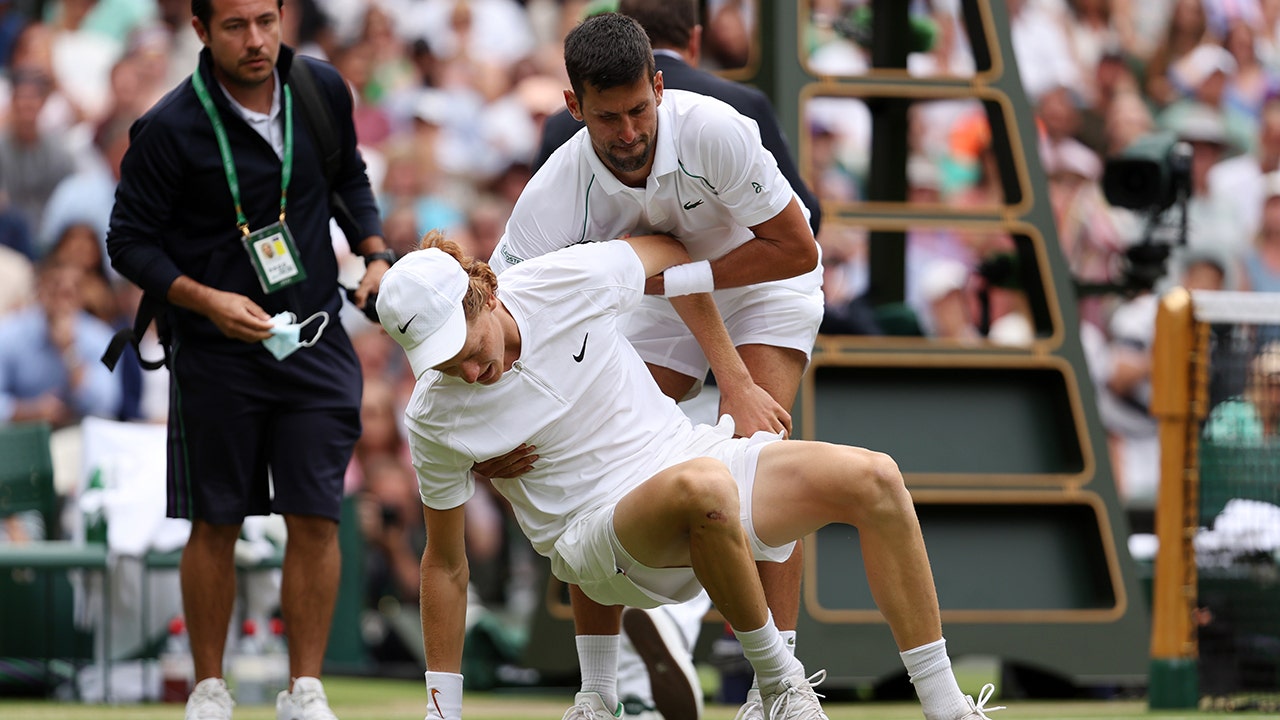 Wimbledon 2022 Novak Djokovic climbs over net to help Jannik Sinner