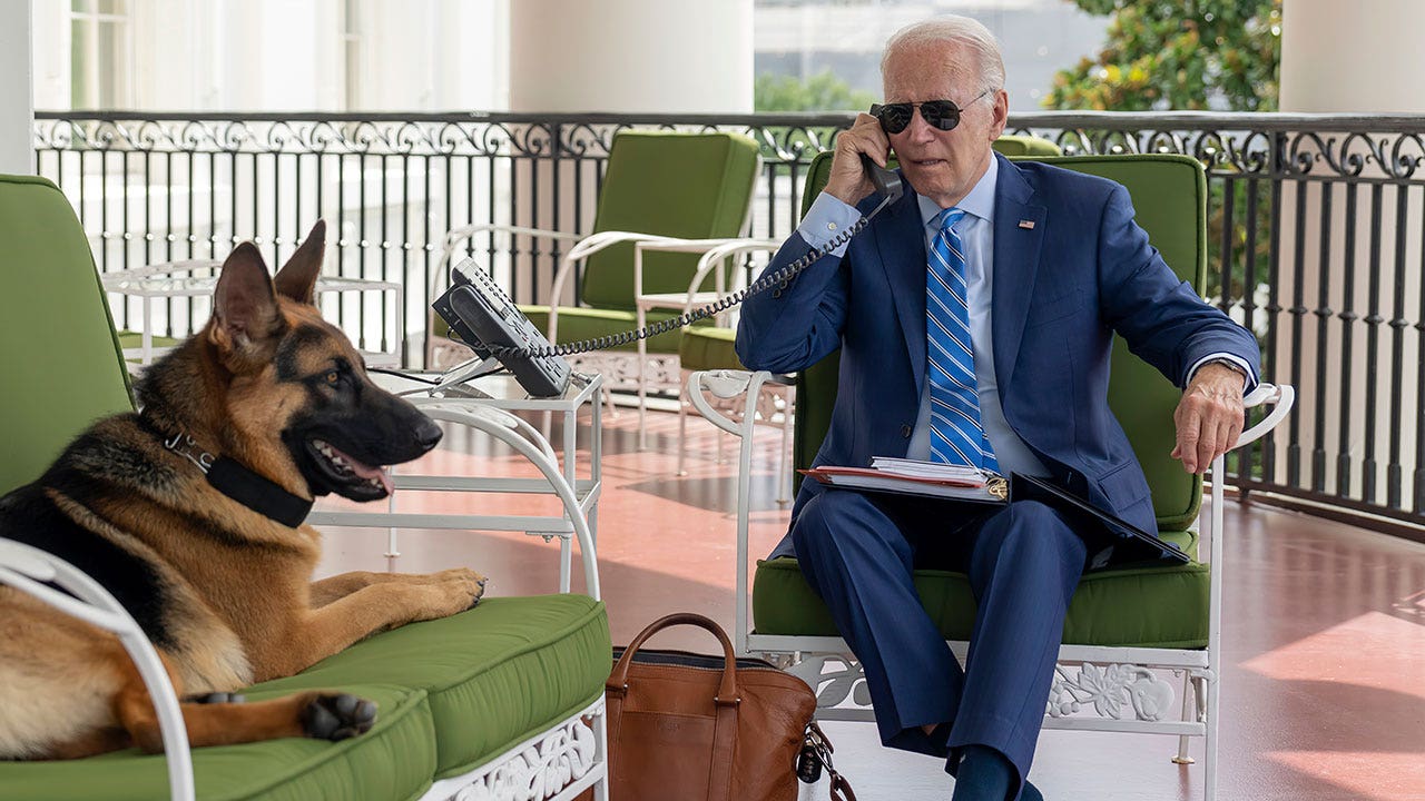 President Joe Biden speaks on the phone with White House chief of staff Ron Klain from the White House on Monday, July 25, 2022. (Adam Schultz/The White House via AP)