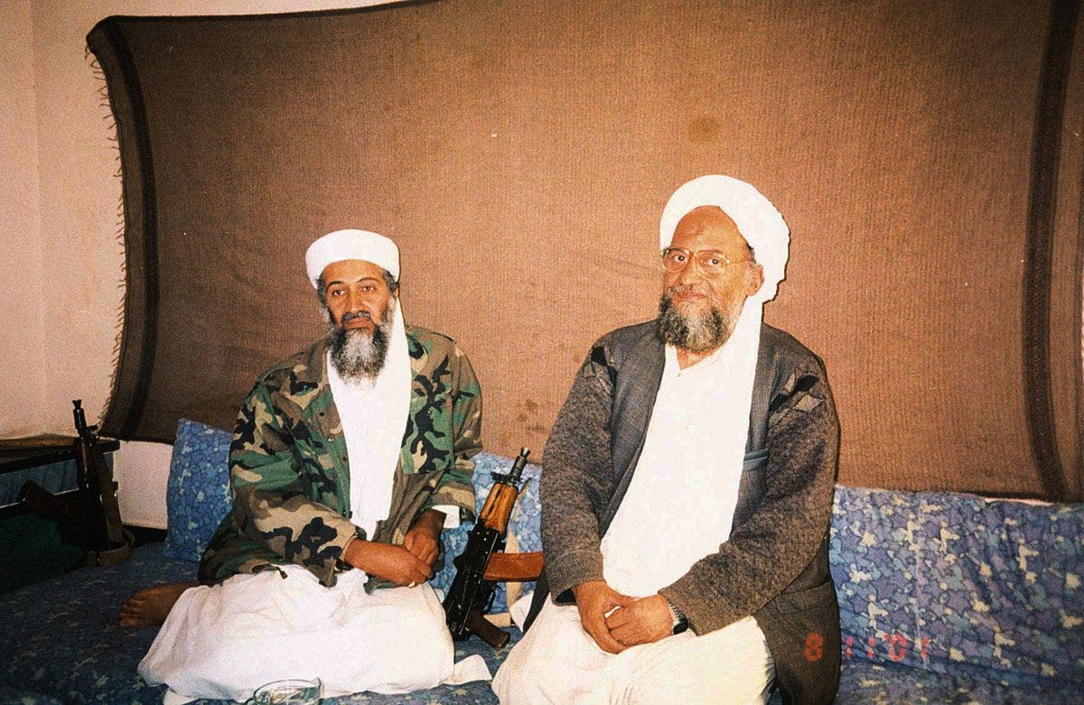 Usama bin Laden and al Qaeda leader Ayman Al Zawahri sitting side-by-side. (Hamid Mir/Editor/Ausaf Newspaper for Daily Dawn/Handout via REUTERS/File Photo)