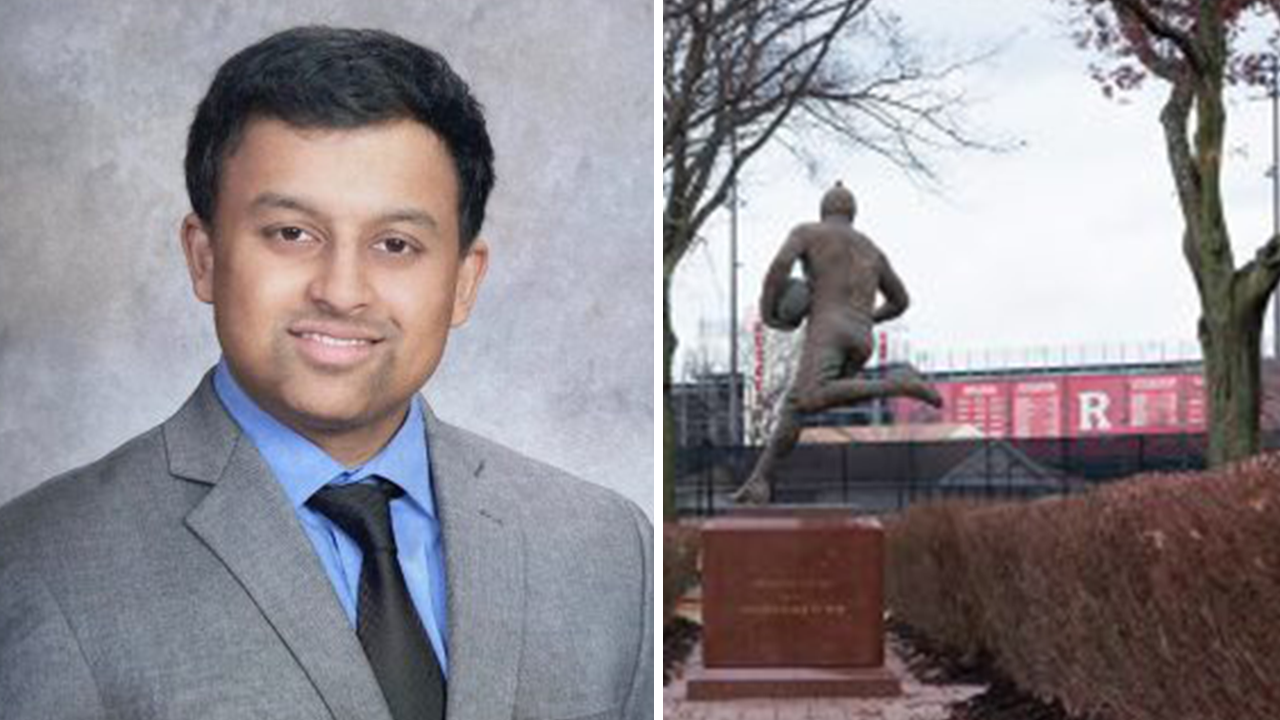 O3 Books founder Pathik Oza, at left; at right, a view of the football player sculpture on the Scarlet Walk at Rutgers University Busch Campus. (Pathik Oza/iStock)