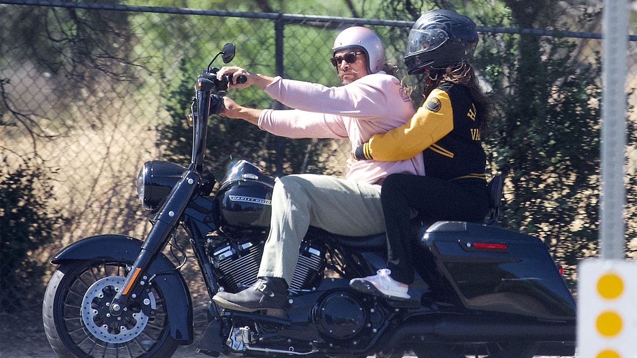 Jason Momoa and Eiza Gonzalez photographed on a motorcycle ride in California