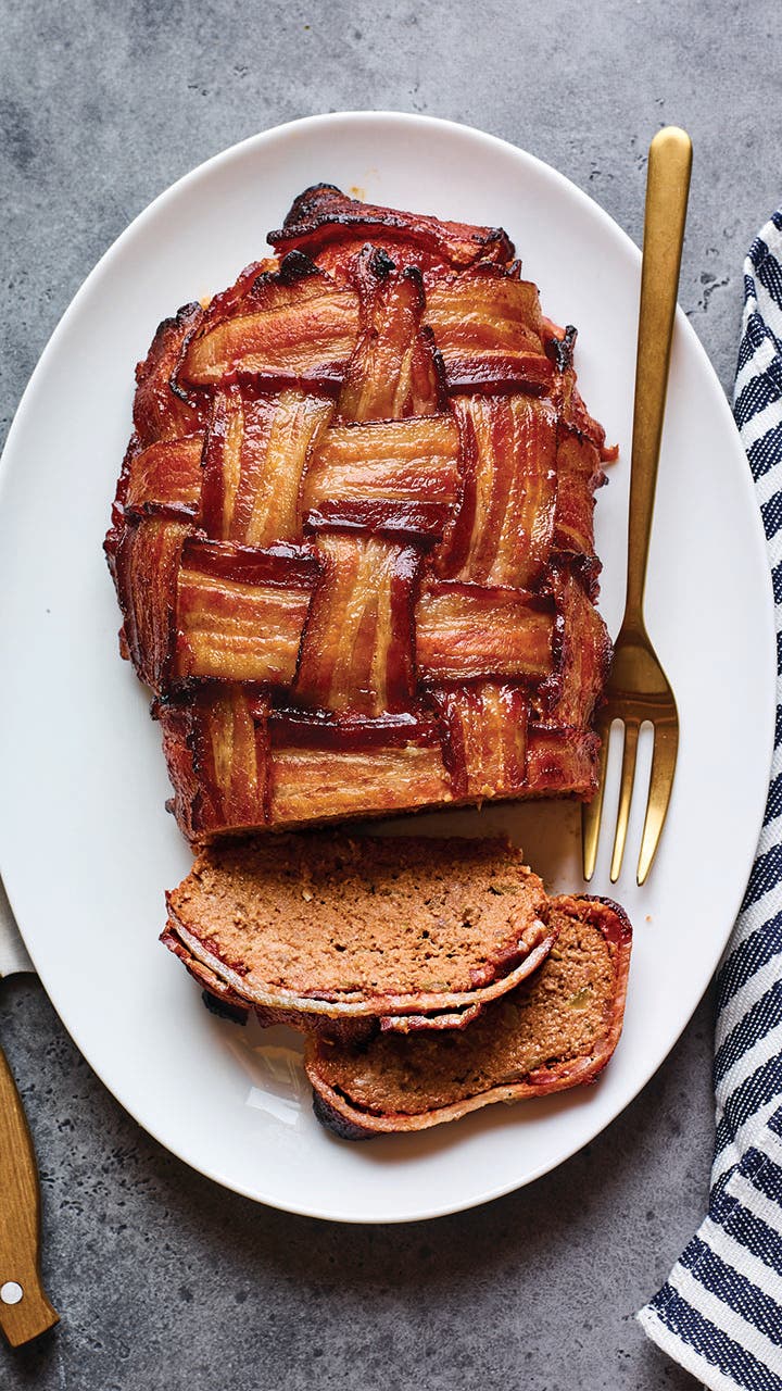 The finished braided bacon meatloaf recipe as featured in 