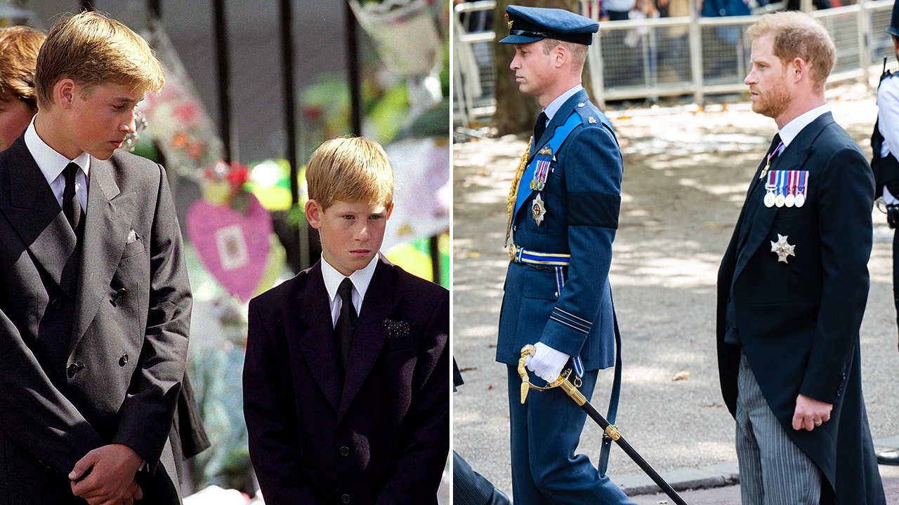 Prince William and Prince Harry (pictured left in 1997, right on Wednesday) mourned the loss of Queen Elizabeth II during a funeral procession similar to Princess Diana's. (Getty Images)