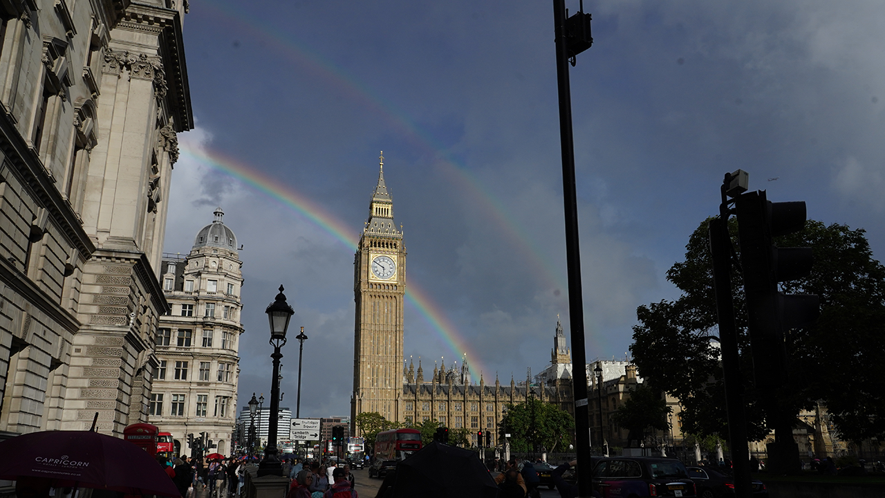 A double rainbow is seen over Elizabeth Tower in Westminster, London, following a rain shower. Picture date: Thursday September 8, 2022. (Photo by Ian West/PA Images via Getty Images) (Getty Images)
