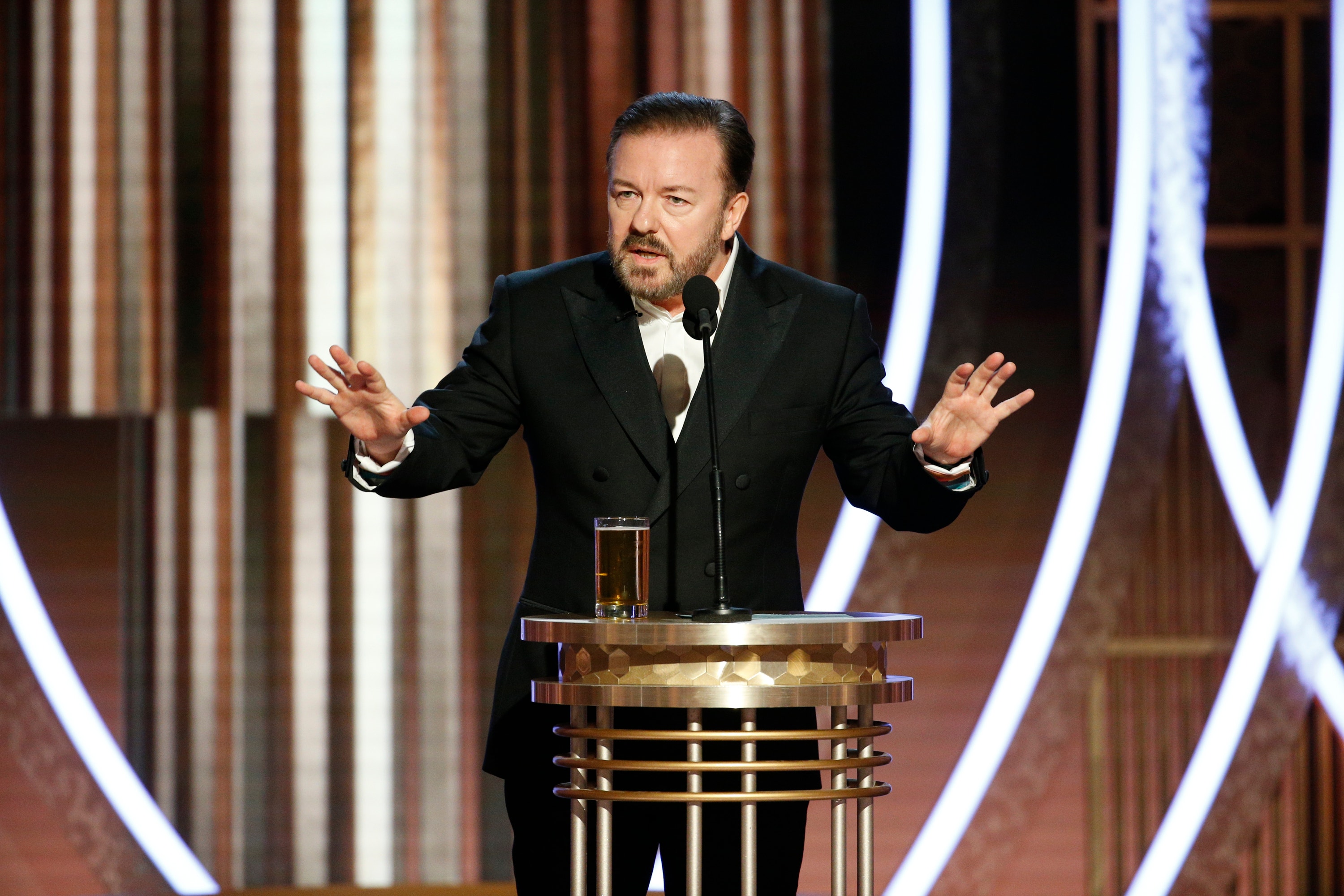 Ricky Gervais provided his two cents on whether he would host the Golden Globes again. (Paul Drinkwater/NBCUniversal Media, LLC via Getty Images)