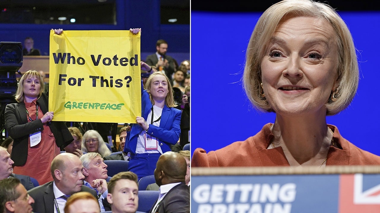 Greenpeace protesters disrupt UK Prime Minister Liz Truss speech with 'Who voted for this?' sign