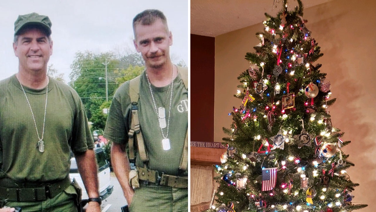 Denver Peardon (second from left) is shown with his friend Ricky Royal; on the right, Denver Peardon's Christmas tree with 184 photos of veterans. (Denver Peardon)