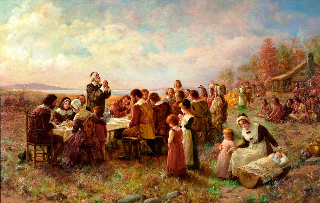 The First Thanksgiving at Plymouth in 1621, paint from 1914. Private Collection. Artist Brownscombe, Jennie Augusta (1850-1936). (Photo by Fine Art Images/Heritage Images/Getty Images)