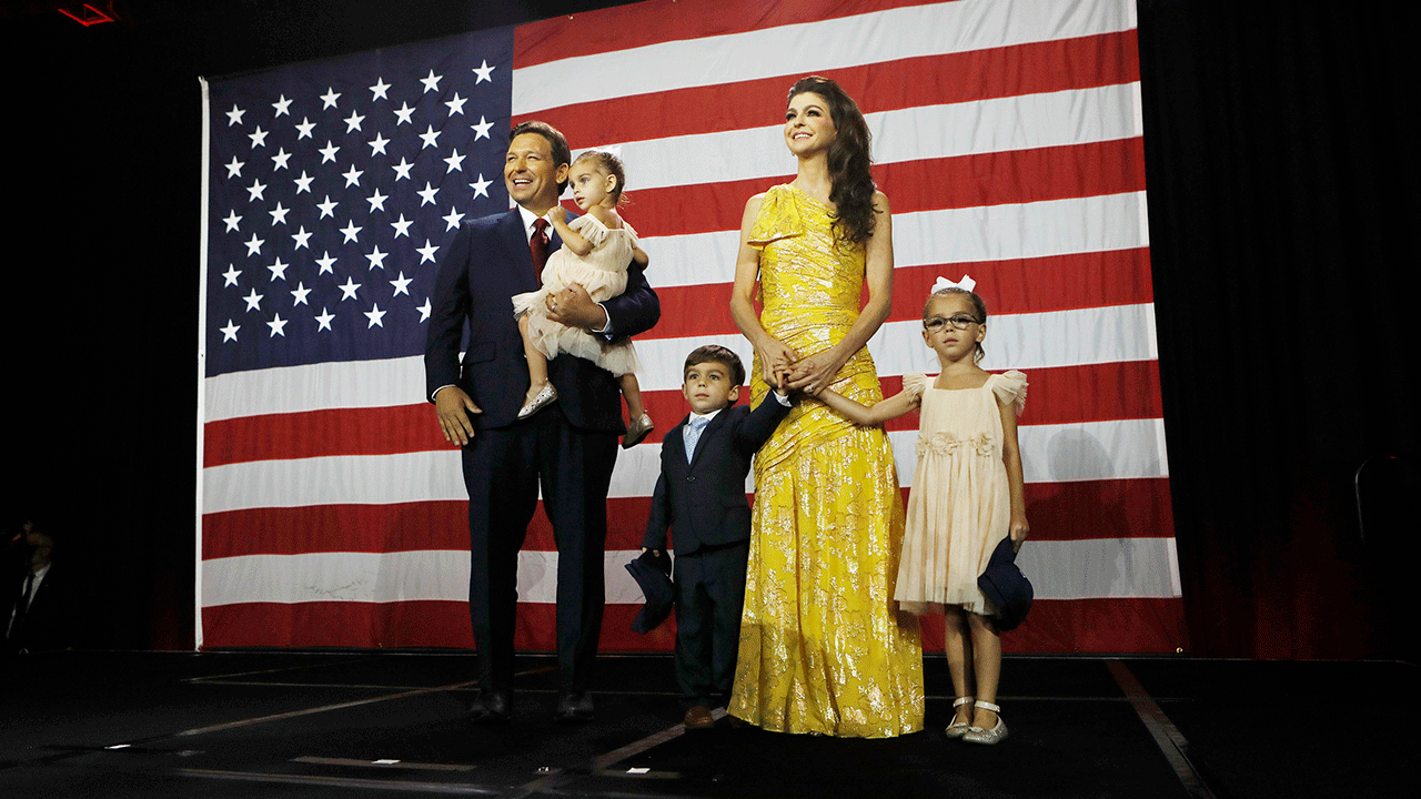 Florida Gov. Ron DeSantis cruises into re-election, pictured with his family.