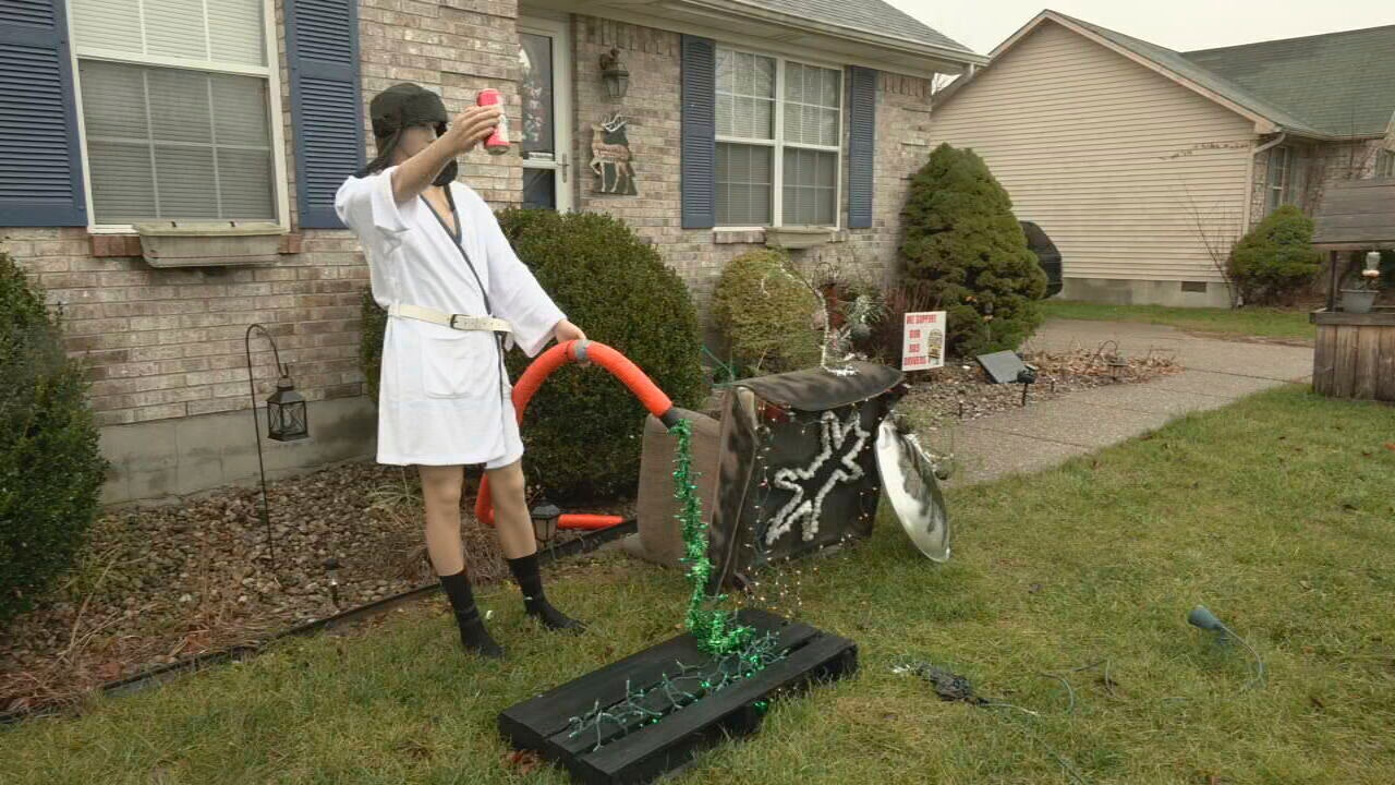 A 'Cousin Eddie' Christmas display is shown in the Dogwood subdivision of Shepherdsville, Kentucky, on Dec. 21, 2022. The display looked a little too real and police were called to check it out. Officers arrived to find a mannequin decorated like the character from 