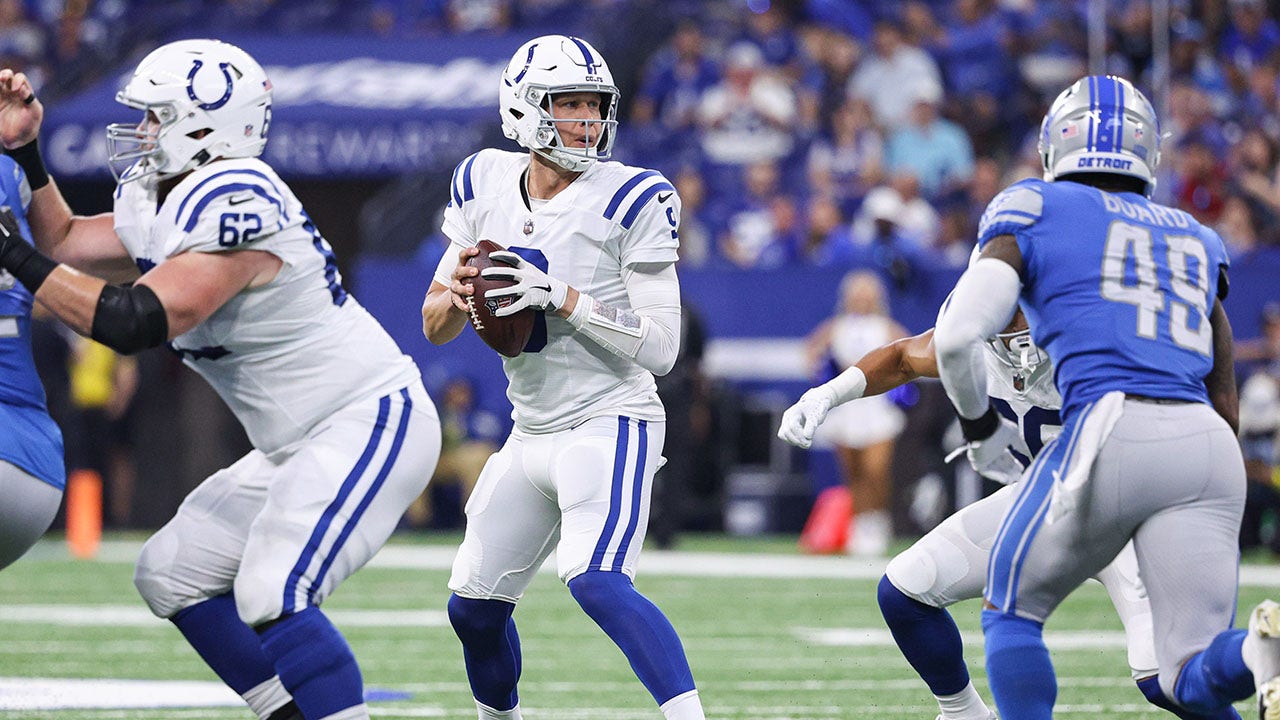 Nick Foles, No. 9 of the Indianapolis Colts, drops back to pass during the game against the Detroit Lions at Lucas Oil Stadium on Aug. 20, 2022, in Indianapolis, Indiana. (Michael Hickey/Getty Images)