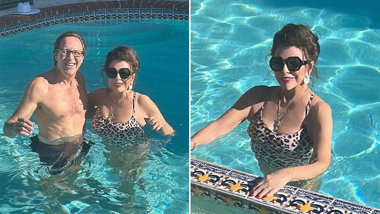 Joan Collins, 89, poses in swimsuit in holiday celebration with husband Percy Gibson, 57