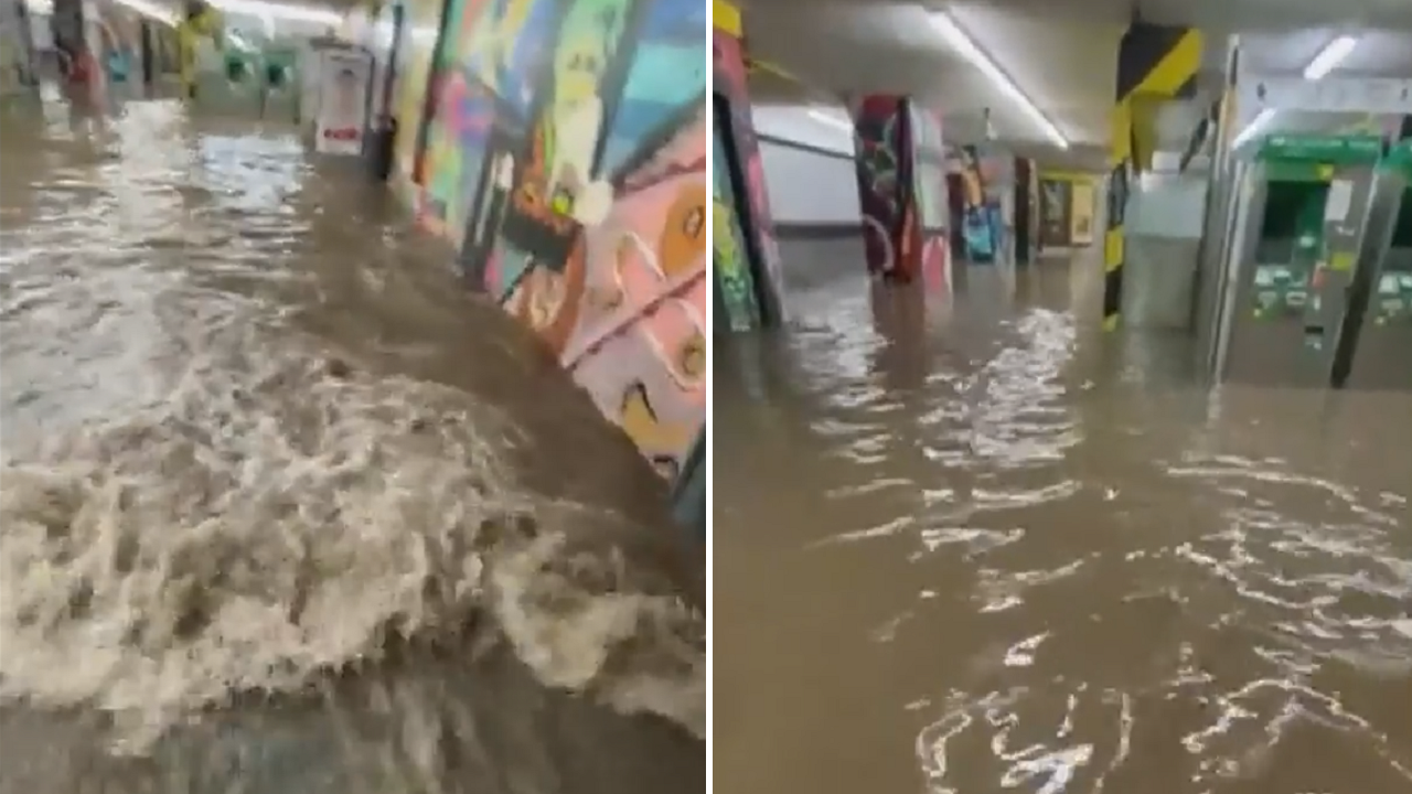 Um vídeo mostra uma pessoa morta depois que fortes chuvas inundaram uma estação de trem perto de Lisboa, Portugal.