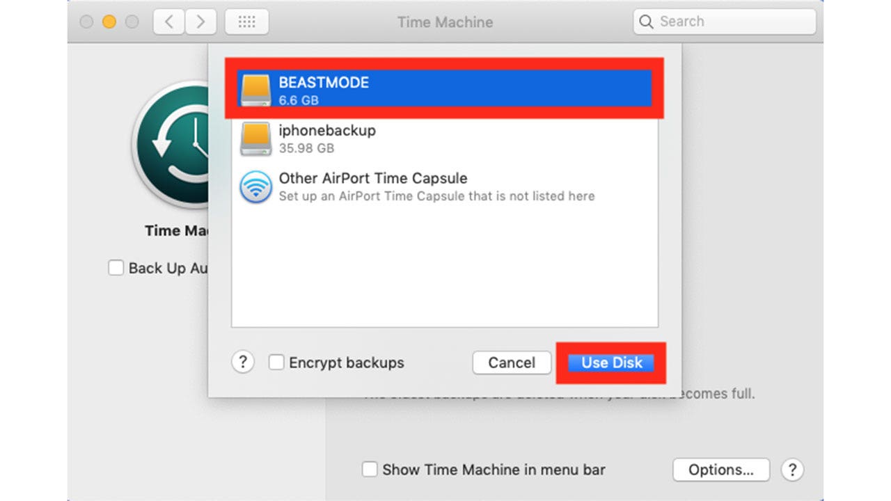 Screenshot on how to select a backup.