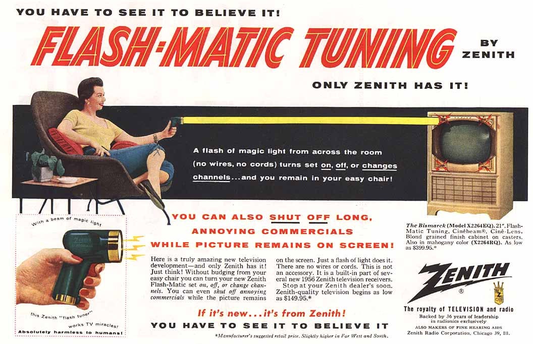 Zenith introduced Eugene Polley's Flash-Matic television remote control in 1955. The device looked like a space-age ray run and controlled the television with beams of light. (Zenith Electronics)