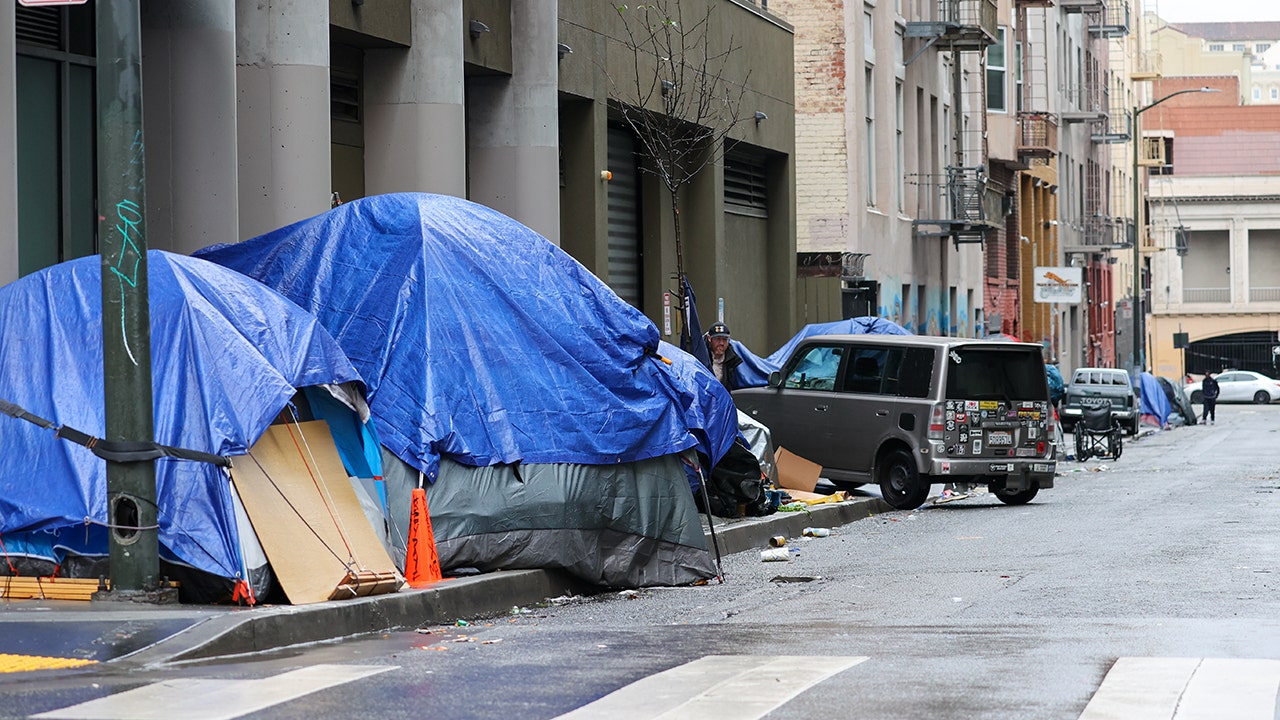 SAN FRANCISCO, CA - JANUARY 13: Homeless tents and homeless people are seen by the Polk Street near the City Hall during rainy day in San Francisco on January 13, 2023 as atmospheric river storms hit California, United States. (Tayfun Coskun/Anadolu Agency via Getty Images)
