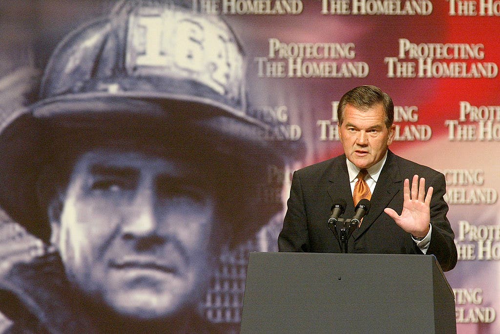 Tom Ridge, the nation's first head of the Department of Homeland Security, speaks prior to President George W. Bush's address to federal employees at the DAR Constitution Hall on July 10, 2002, in Washington, D.C. (Alex Wong/Getty Images)