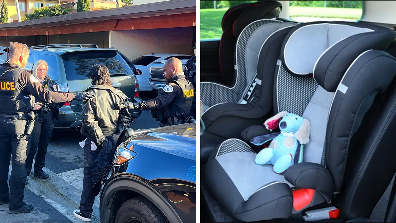 Oceanside Police Department (OPD) officers arrest the suspect later identified as Juan Mendieta, 30, of Oceanside, California, who stole a vehicle with two children inside, an OPD spokesperson told Fox News Digital. (Oceanside Police Department / iStock)