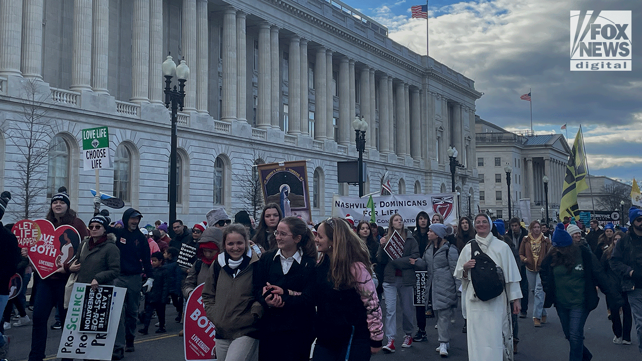 Pro-Life demonstrators walking on the National Mall during the 2023 March for Life.