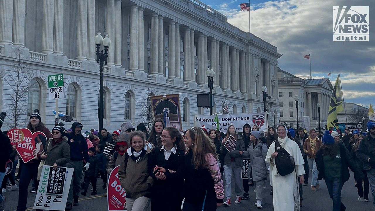 Pro-Life demonstrators walking on the national mall during 2023 March for Life 