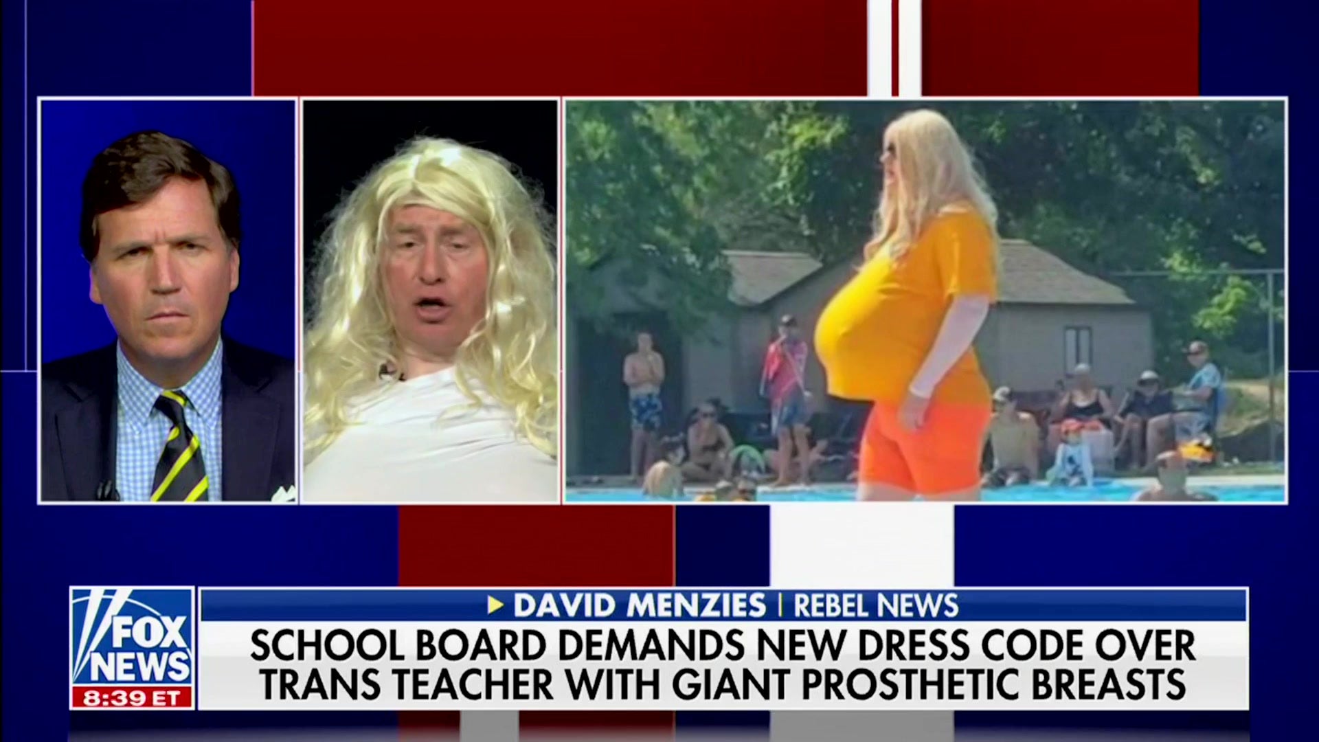 Tucker Carlson guest dresses as trans teacher with giant prosthetic breasts  to ridicule Ontario school drama