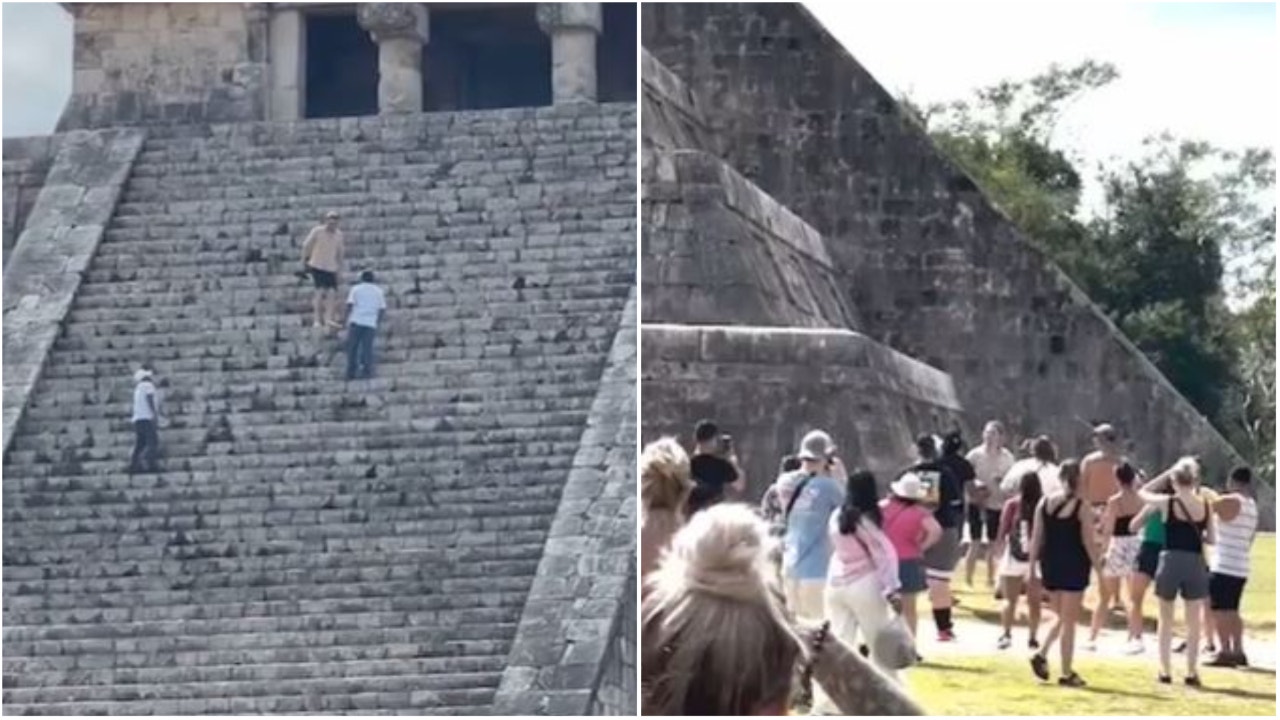 Mexico tourist whacked with stick, heckled after illegally climbing sacred Mayan pyramid