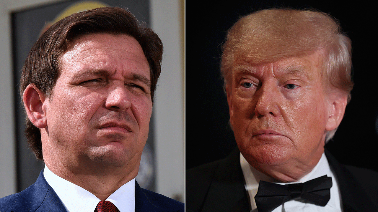 File photos of Florida Gov. Ron DeSantis, left, and former President Trump.