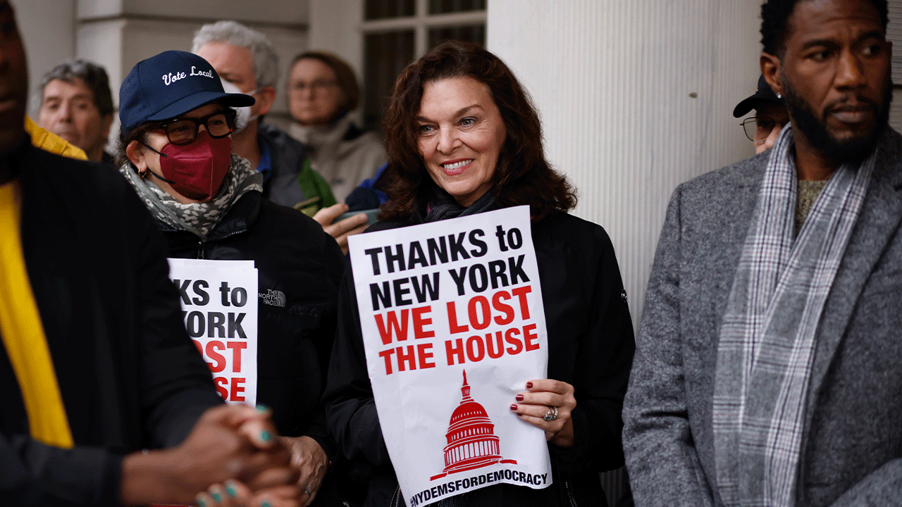 Members of the Democratic Party gather to protest against Jay Jacobs, the chairman of the New York State Democratic Committee, outside city hall in New York.