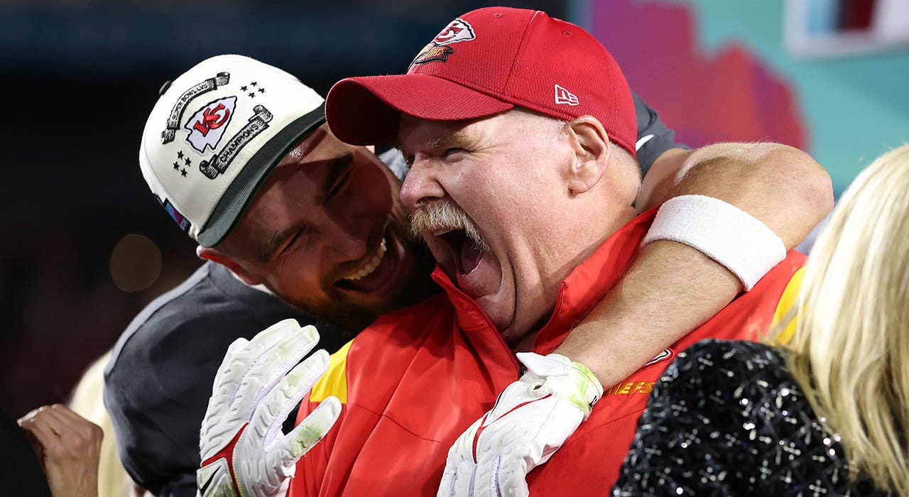 Travis Kelce and Andy Reid scream with excitement