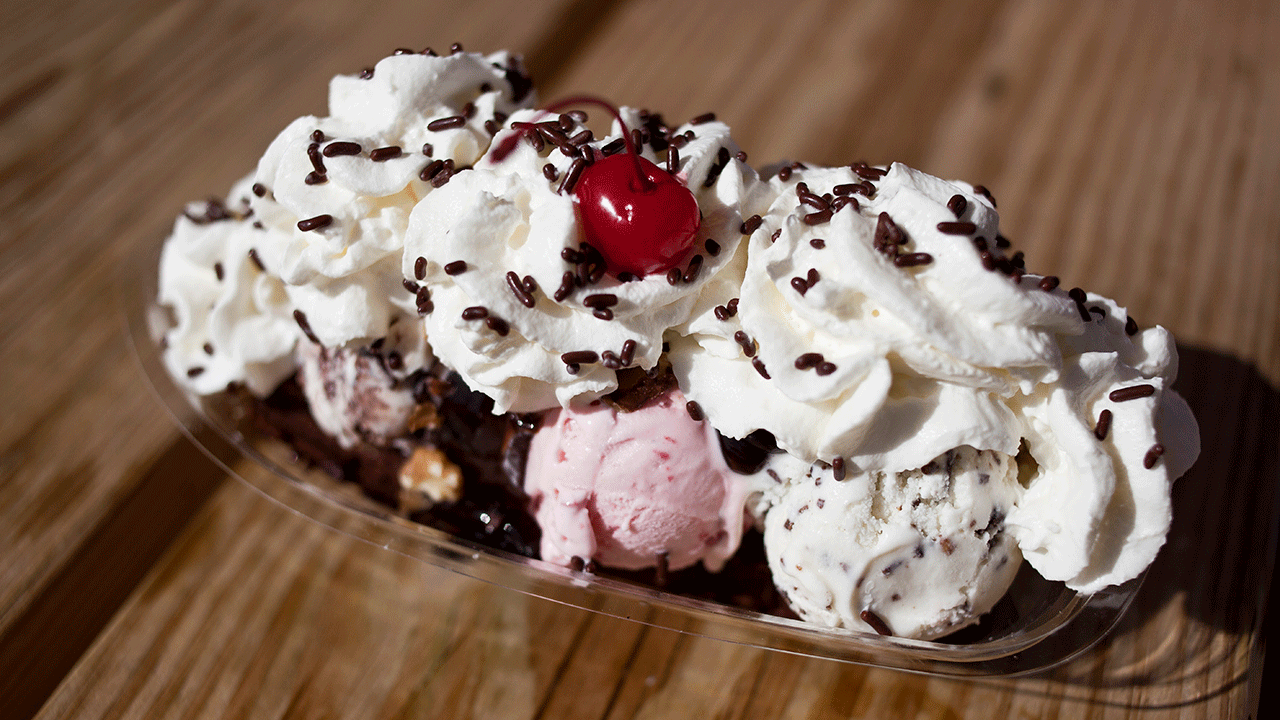 Brownie ice cream sundae with whipped cream and cherries